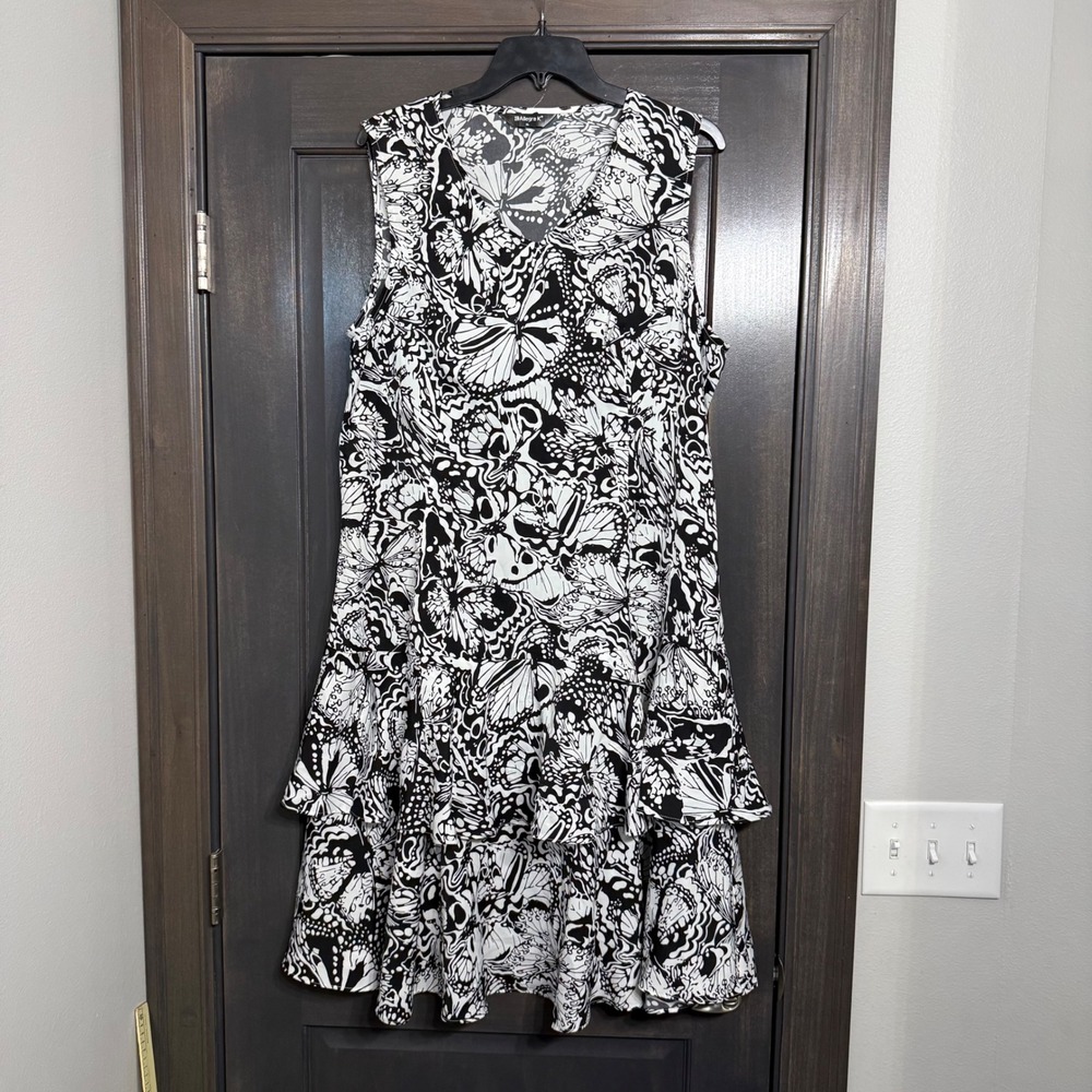 Allegra K Womens XL Black White Butterfly Print Tiered Ruffle Shift Dress V-Neck